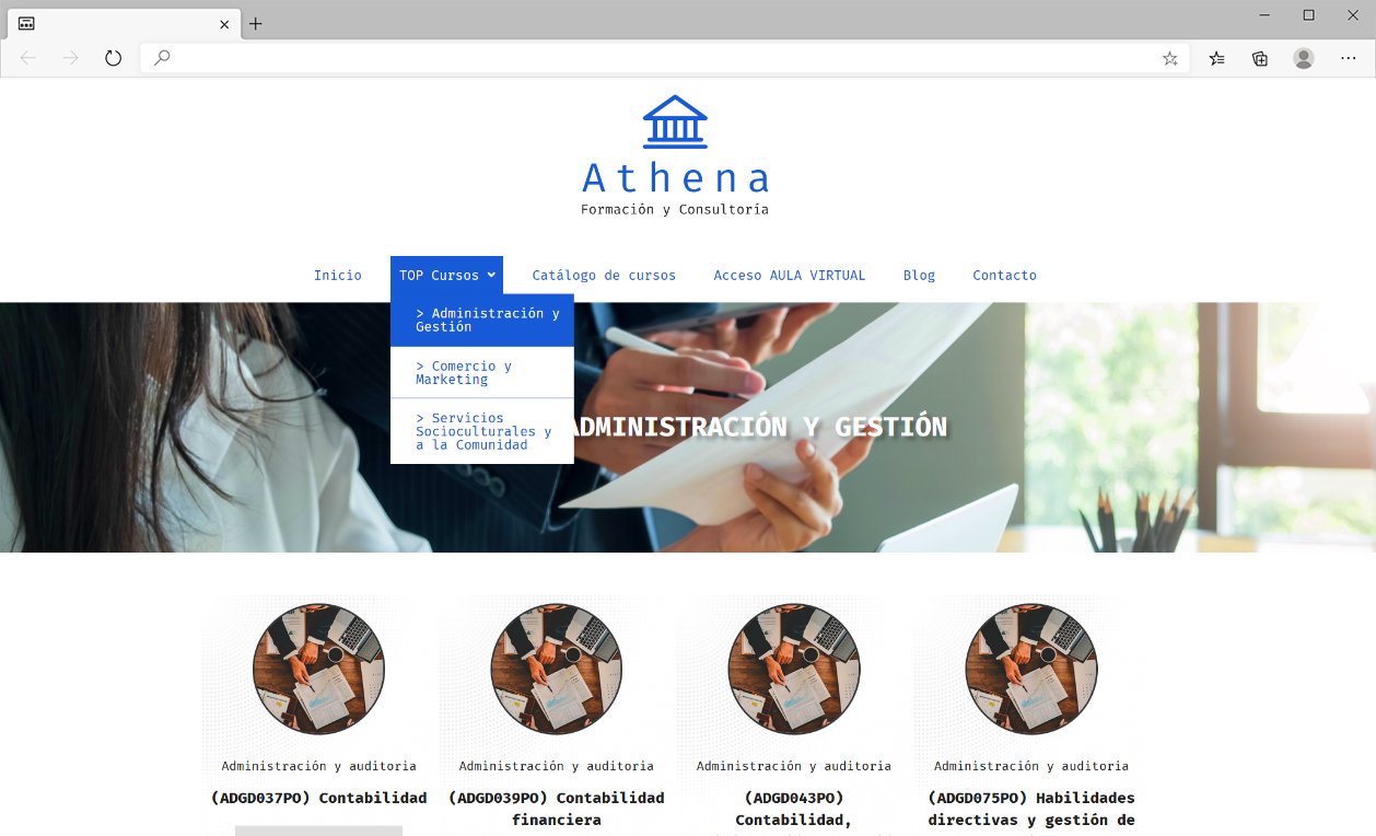 Diseño web y catálogo de cursos de academia. Athena formación.